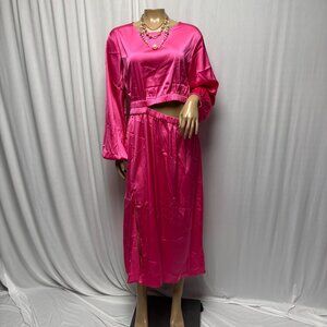 The Drop Jacob Silky Midi Dress Womens Sz Large Hot Pink Long Sleeve Cut Out NEW